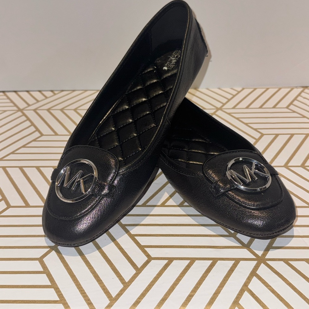 Michael Kors Black Leather Flats with Silver Logo